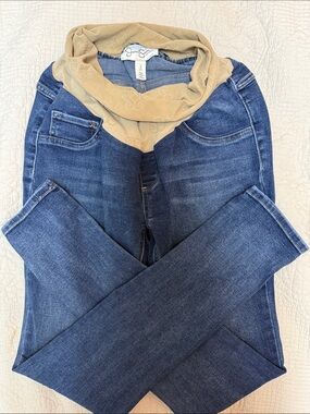 Jessica Simpson Maternity Stretch Skinny Jeans in Dark Blue with Beige Waistband